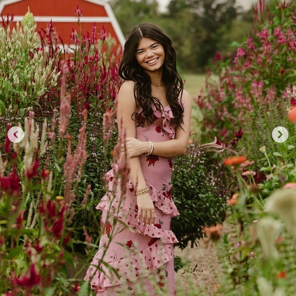 Jessica Simpson Tiered Rose Print Gown in Bare Pink - Picture 3 of 9